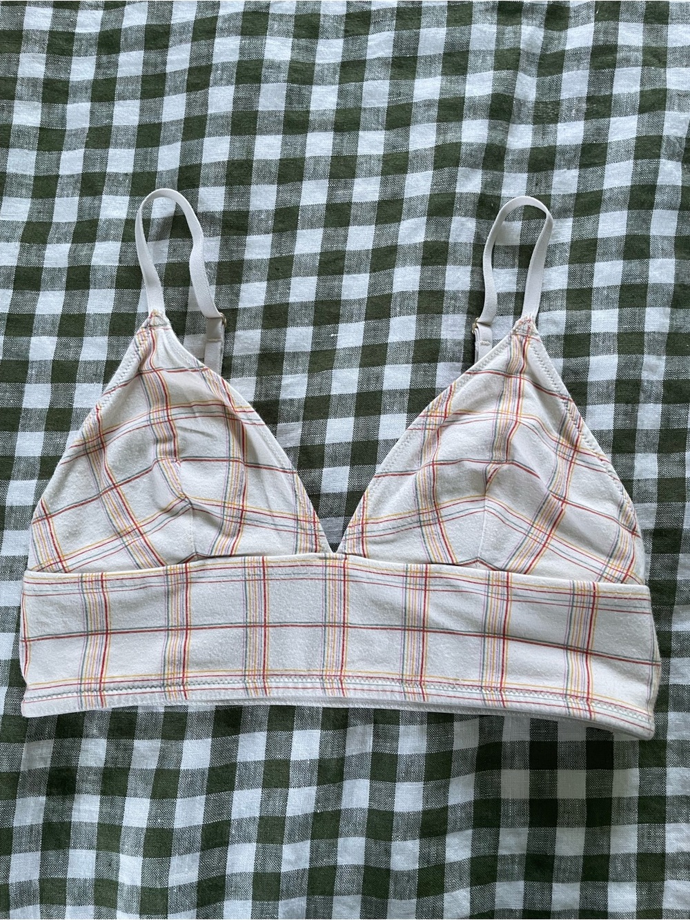 Madewell Cream Plaid Bralette with Orange and Red Stripes